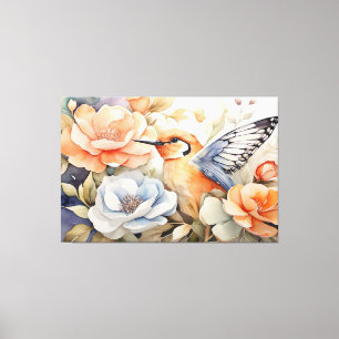 Lienzo Elegante mariposa, pájaro alado y flores