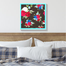 Lienzo Elegante patrón floral rojo azul sobre marrón oscu