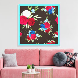 Lienzo Elegante patrón floral rojo azul sobre marrón oscu