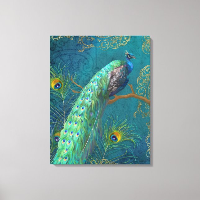 Lienzo Elegante pavo real y plumas sobre bifurcación Pint (Anverso)