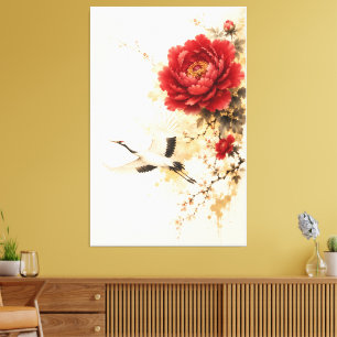 Lienzo Elegante Peonía Roja y Grulla Pintura China a Tint