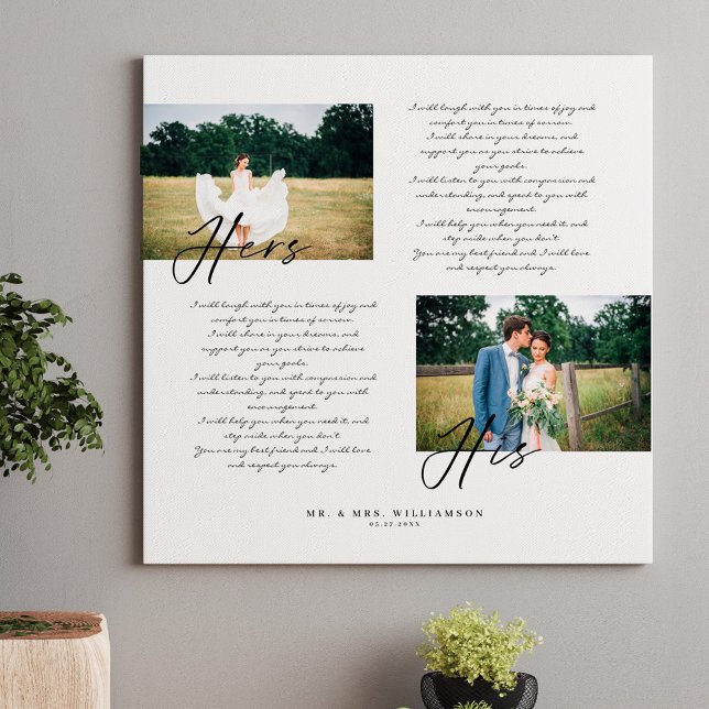 Lienzo Elegante Su Boda Y Su Propio Votos Dos Fotografías (Elegant His & Hers Wedding Vows Minimal Two Photo Canvas Print)