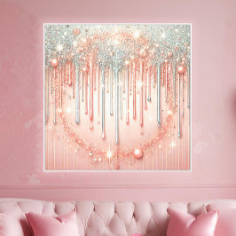 Lienzo Elegante tono rosa con destellos plateados y goteo