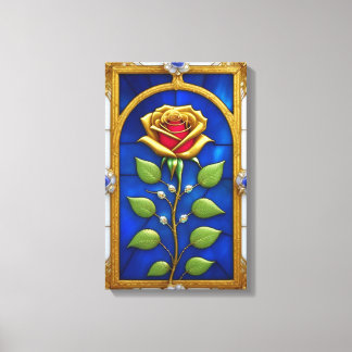 Lienzo Elegante Ventana De Vidrio Manchado Con Rosa Dorad