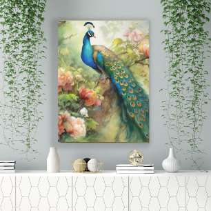 Lienzo Elegantes flores azules verdes de pavo real rosa v