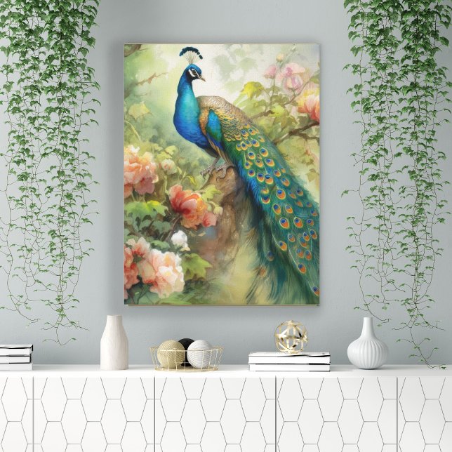Lienzo Elegantes flores azules verdes de pavo real rosa v (Subido por el creador)