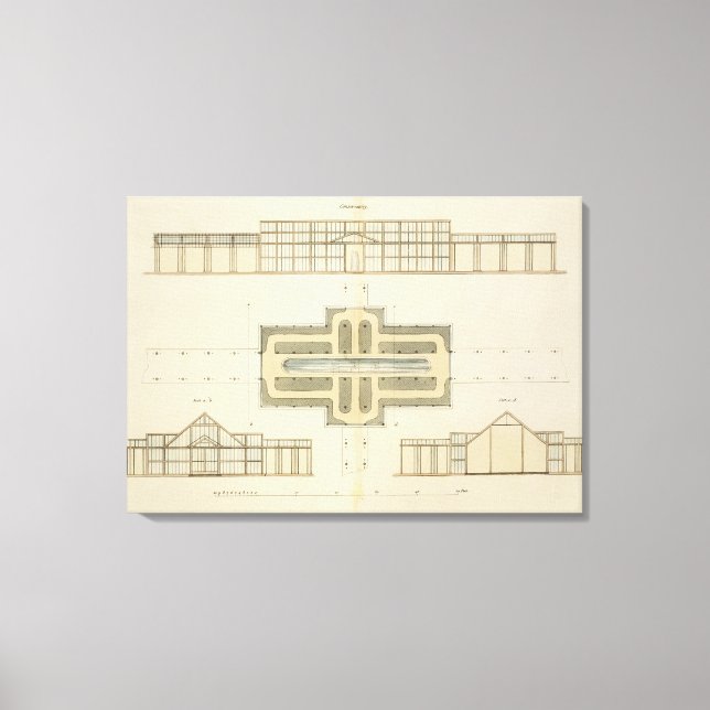 Lienzo Elevaciones y plano de suelo de un invernadero, de (Anverso)