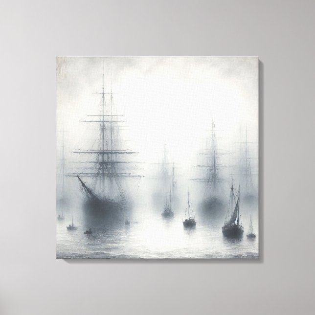 Lienzo Embarcaciones misteriosas en un puerto nebuloso (Anverso)