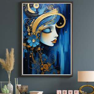 Lienzo Emperatriz Azur – Mujer Art Déco Azul y Dorada