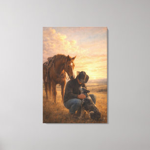 Lienzo En buena compañía   Vaquero Caballo Perro   Estira
