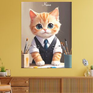 Lienzo Encantador artista de gatos de jengibre con pincel