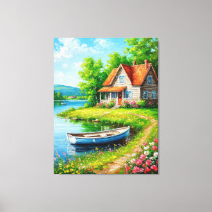 Lienzo Encantadora cabaña junto al lago con un barco
