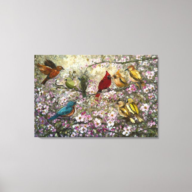 Lienzo Encuentro de primavera: Regalos de pájaros cantore (Anverso)
