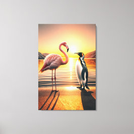 Lienzo Encuentro Flamingo y Penguin Sunset