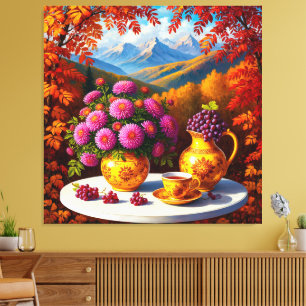 Lienzo Entorno de otoño elegante con flores, uvas