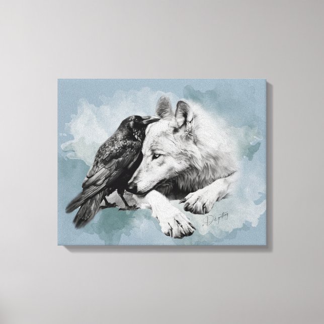 Lienzo Esbozo Lobo negro y blanco y cuervo (Anverso)