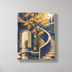 Lienzo Escalera de cobalto con Ginkgo dorado