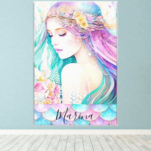 Lienzo Escamas de sirena florales etéreas rosa, aqua y li