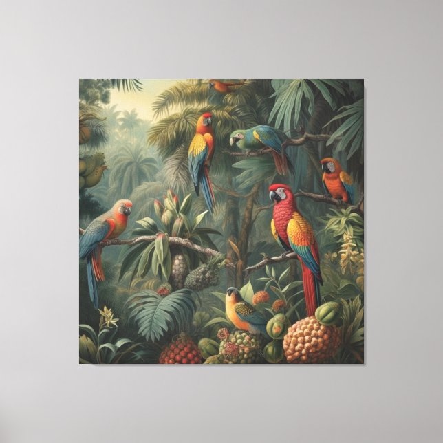 Lienzo Escena botánica de loros y piñas (Anverso)