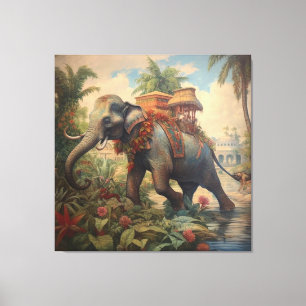 Lienzo Escena botánica vintage elefante con howdah