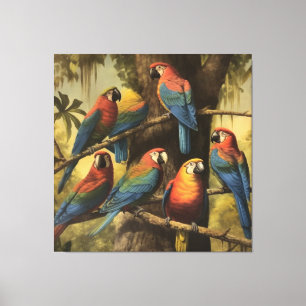 Lienzo Escena botánica vintage loros coloridos en un árbo