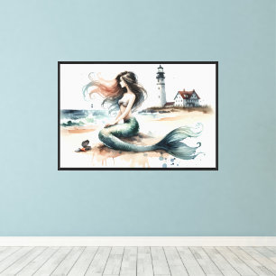 Lienzo Escena costera de acuarela del faro de la sirena