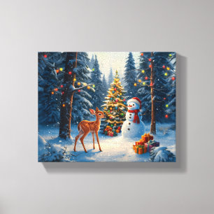 Lienzo Escena De Árbol De Navidad Cute Deer Fawn Snowman