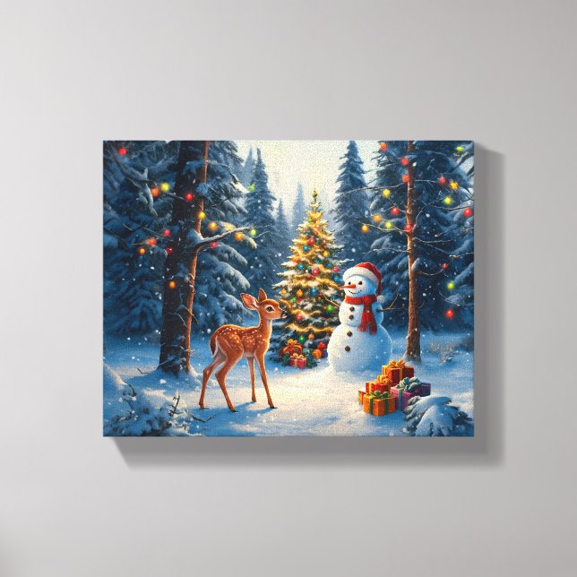 Lienzo Escena De Árbol De Navidad Cute Deer Fawn Snowman (Anverso)
