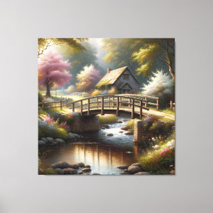 Lienzo Escena de cabaña de puente primaveral Cottagecore