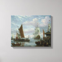 Escena de estuario con barcos y pescadores