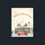 Lienzo Escena de invierno del coche rojo Feliz Navidad<br><div class="desc">Hermosa acuarela estilo rústico de invierno para celebrar la temporada de Navidades. Clásico coche rojo vintage con árbol de Navidad. Cabaña rústica con escena de nieve.</div>