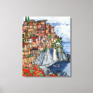 Lienzo Escena de la Costa Amalfitana de Italia en acuarel