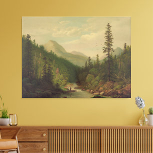 Lienzo Escena de montaña, 2 hombres, 1 pescando