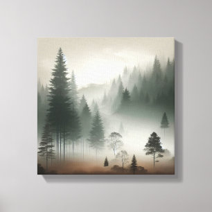 Lienzo Escena de pared de bosque brumoso Japandi sereno A