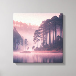 Lienzo Escena de pared de lago con niebla al amanecer Jap