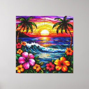 Lienzo Escena de playa al atardecer tropical con flores v