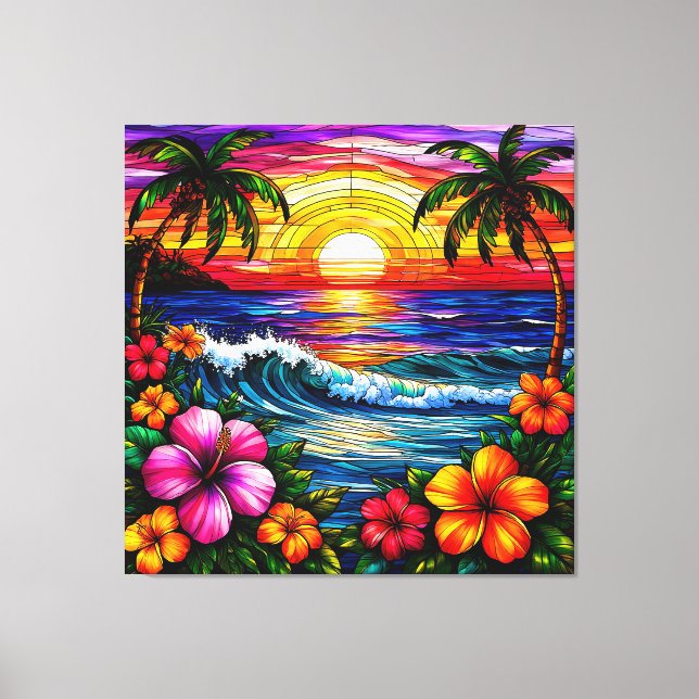 Lienzo Escena de playa al atardecer tropical con flores v (Anverso)