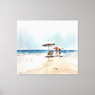 Lienzo Escena de playa con gente y paraguas junto al agua