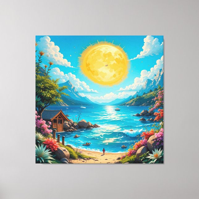 Lienzo Escena de playa tropical con flores vibrantes (Anverso)