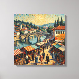 Lienzo Escena del bazar junto al río de Sarajevo en lienz