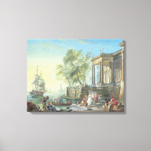 Lienzo Escena del puerto con el sol poniente (aceite en