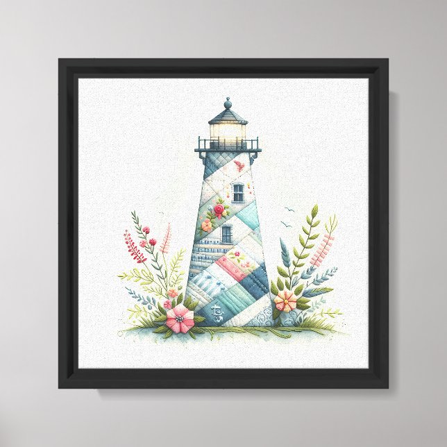 Lienzo Escena floral costera del faro de patchwork (Anverso)