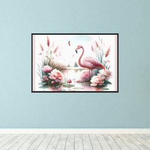 Lienzo Escena floral de flamenco en estanque pastel