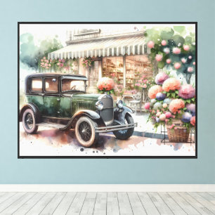 Lienzo Escena Retro de Coche y Boutique Floral