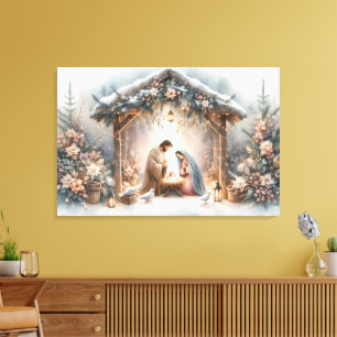 Lienzo Escena rústica de la natividad con flores de invie