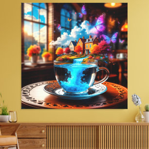 Lienzo Escena surrealista de taza de té con casas colorid
