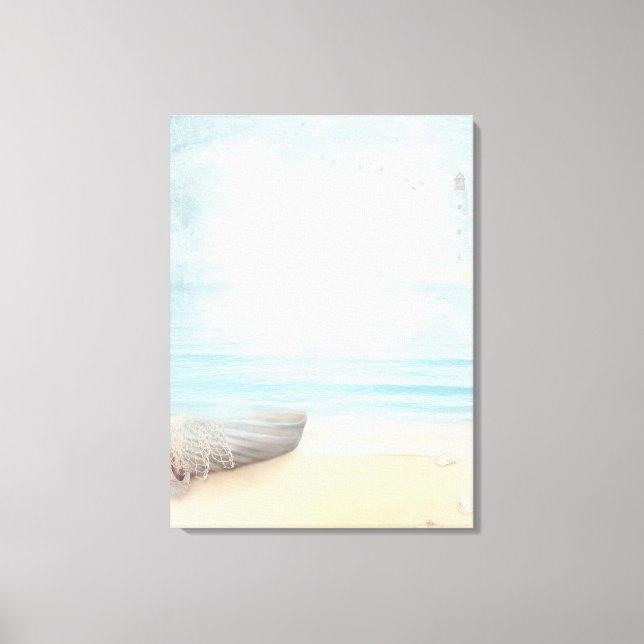 Lienzo Escenario de playa costera con barco de pesca (Anverso)