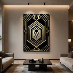 Lienzo Escudo geométrico negro de oro de lujo