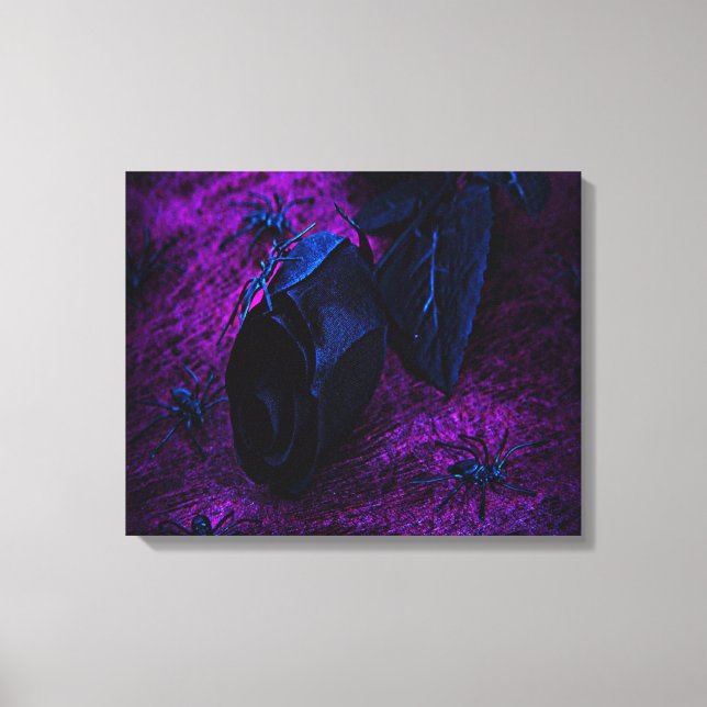 Lienzo Espeluznante Rosa de material negro, arañas negras (Anverso)