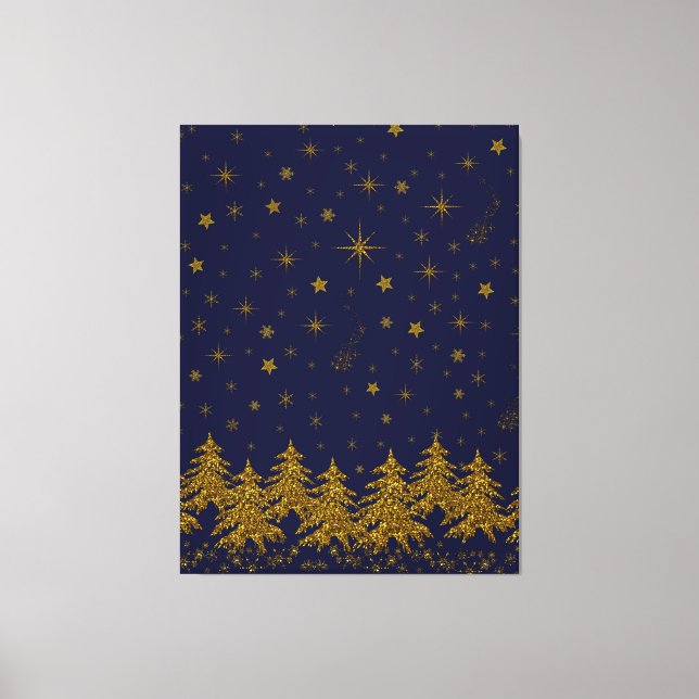 Lienzo Espinoso árbol de Navidad de oro, estrellas, nieve (Anverso)